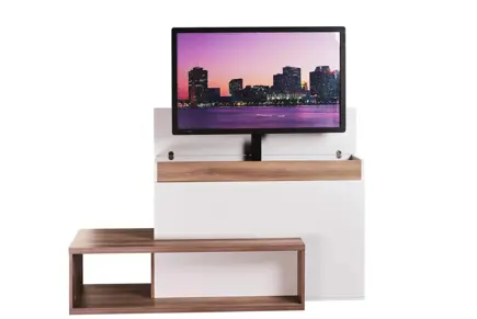 An piece of furniture with a Sabaj TV lift raising a TV through a hinged lid