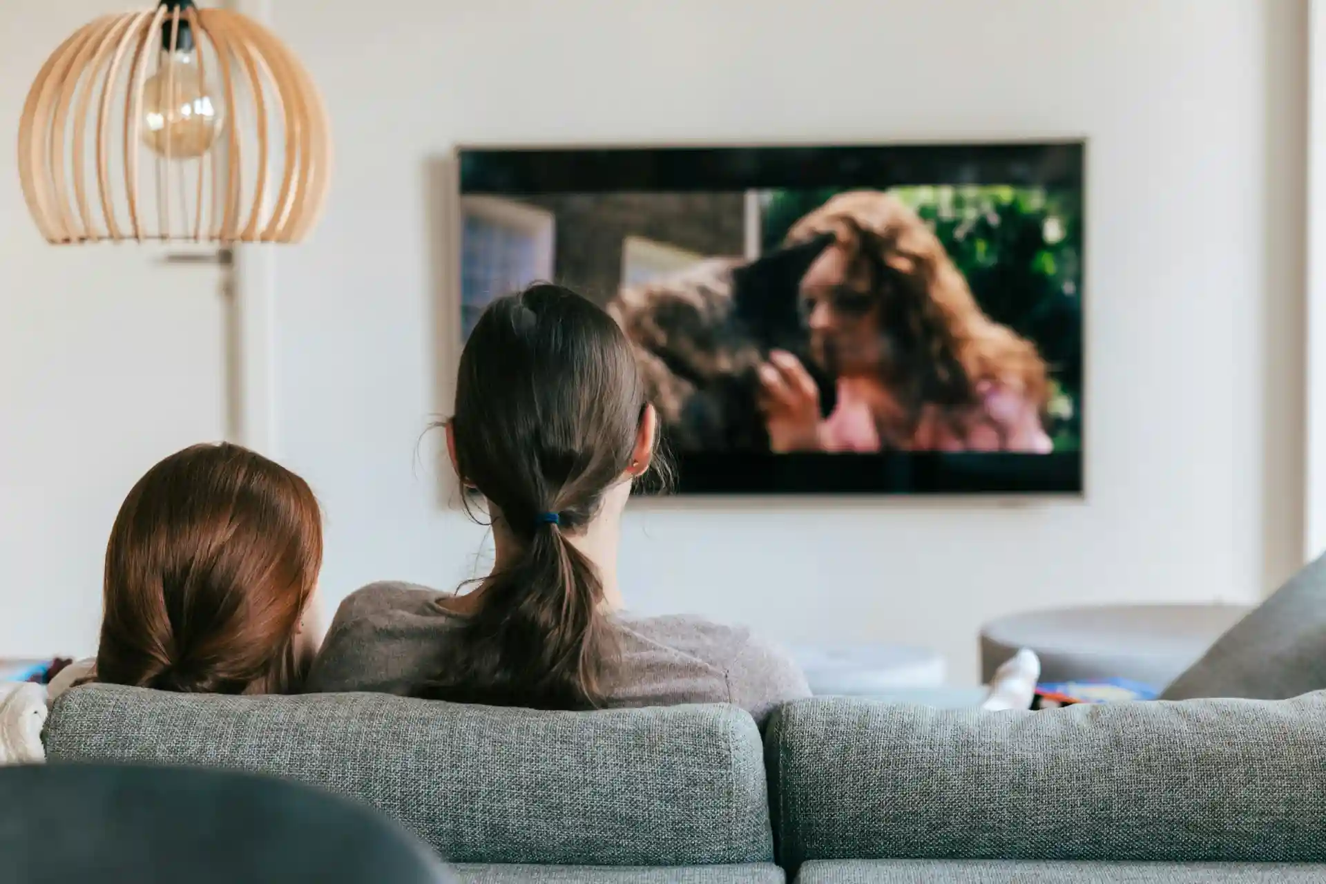 Rear view of a family watching TV in a living room