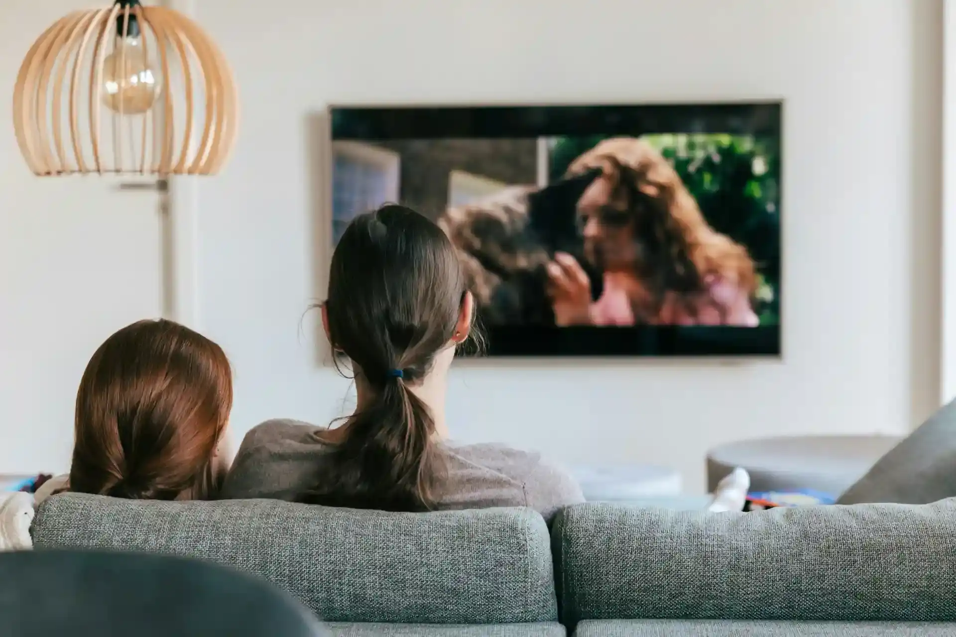 Rear view of a family watching TV in a living room