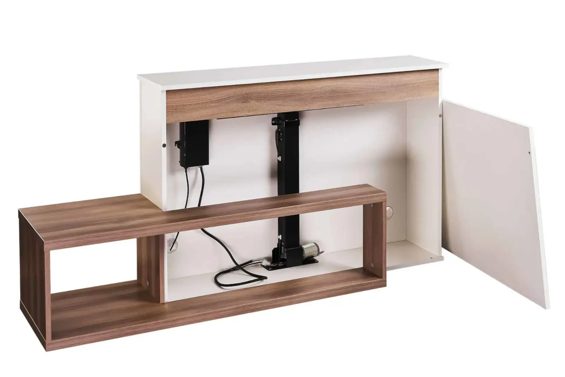 An piece of furniture with panels removed demonstrating how a TV lift is positioned in a cabinet