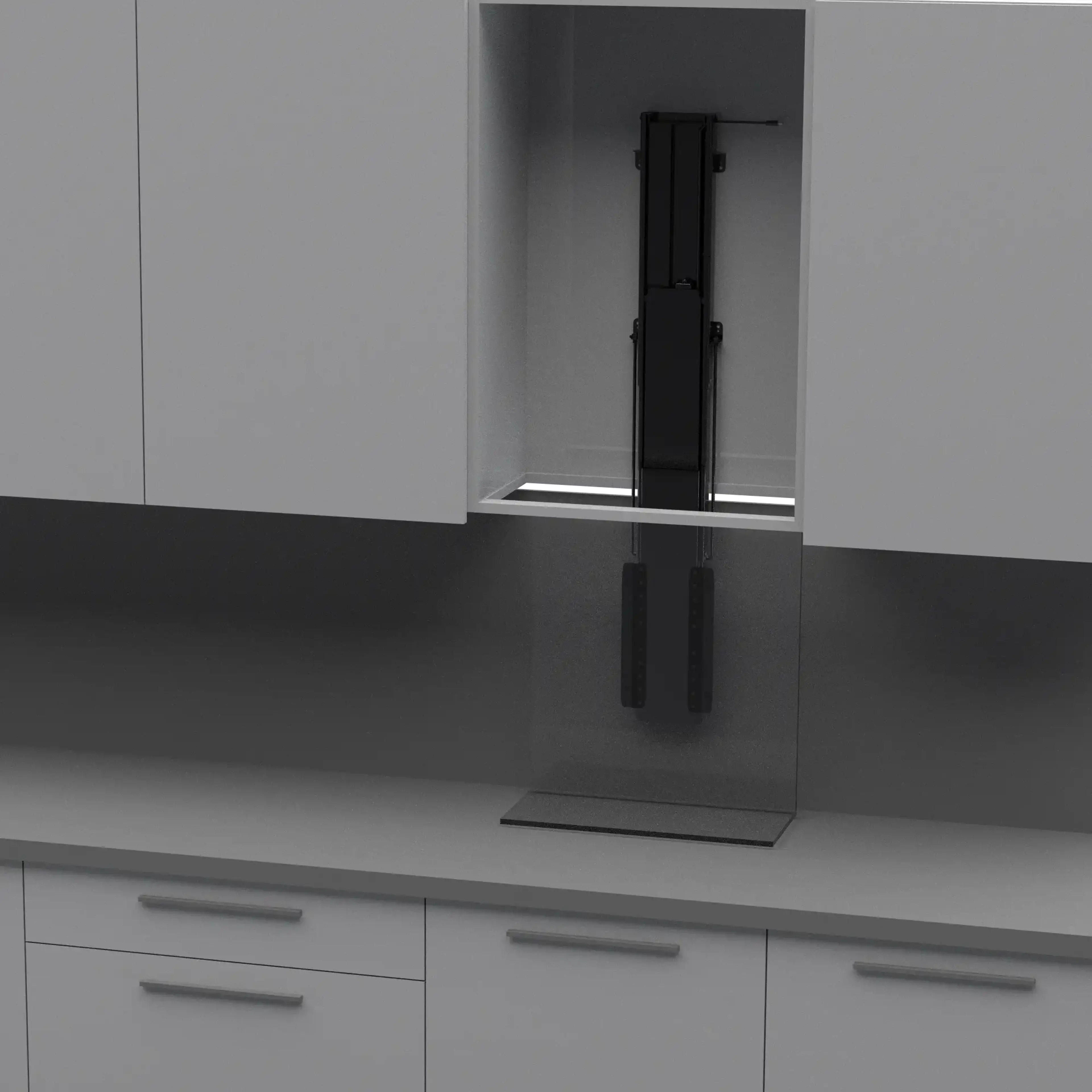 A 3D render of a Venset furniture lift being used to lowere a shelf in a kitchen
