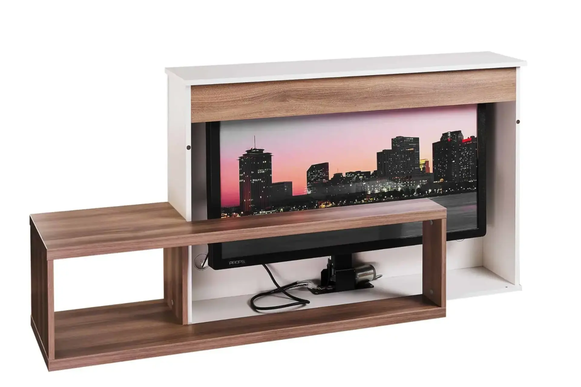 An piece of furniture with panels removed demonstrating how a TV lift is positioned in a cabinet